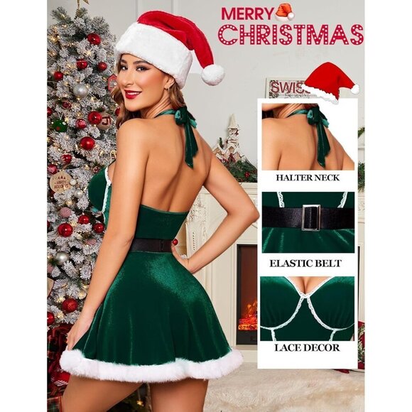 Women Green Sexy Santa Lingerie Dress Santa Claus Costumes Halter Neck Babydoll - Picture 2 of 6